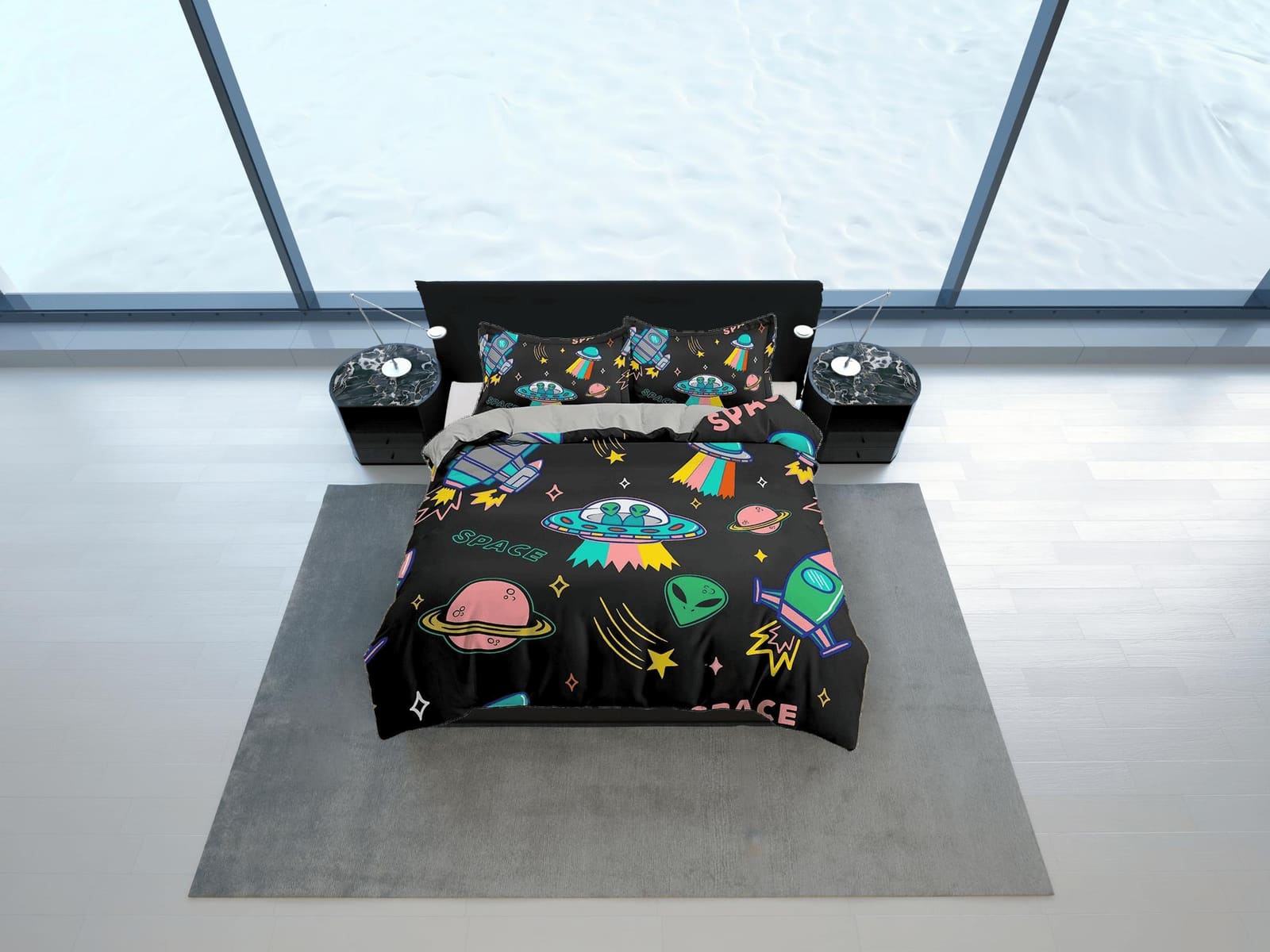 Colorful Spaceship Galaxy Bedding, Duvet Cover Set & Pillowcase, Zipper Bedding, Dorm Bedding, Teens Adult Duvet King Quee…