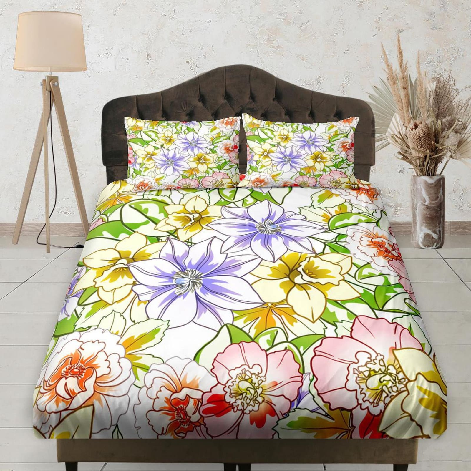 Colorful Summer Flowers Fitted Bedsheet, Floral Prints, Aesthetic Boho Bedding Set Full, Dorm Bedding, Crib Sheet, Shabby…