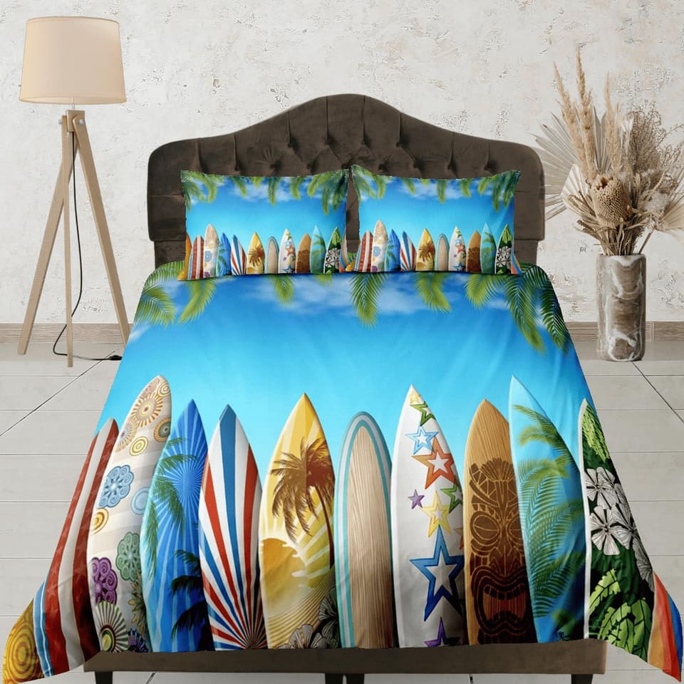 Colorful surfing boards coastal grandma blue duvet cover nautical bedding set full queen king, aesthetic beach room decor,…