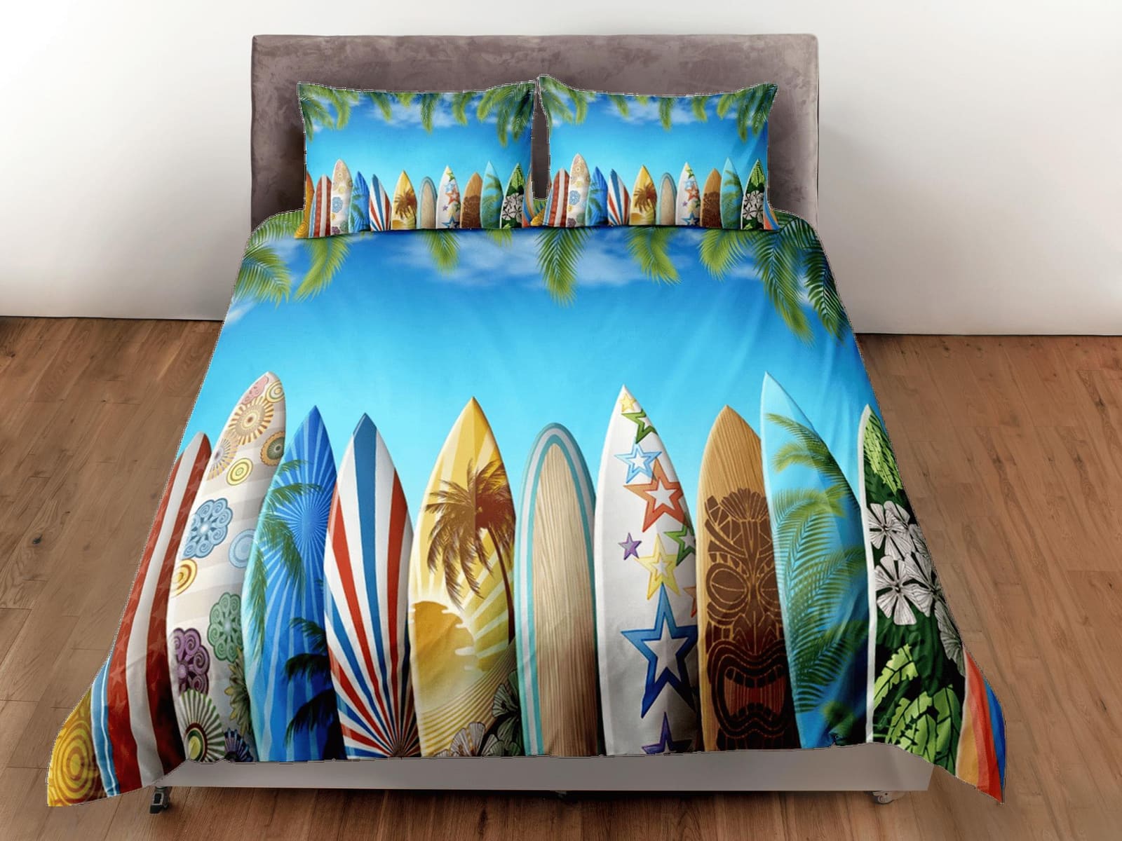 Colorful surfing boards coastal grandma blue duvet cover nautical bedding set full queen king, aesthetic beach room decor,…