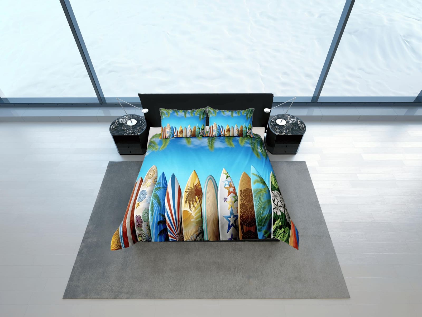 Colorful surfing boards coastal grandma blue duvet cover nautical bedding set full queen king, aesthetic beach room decor,…