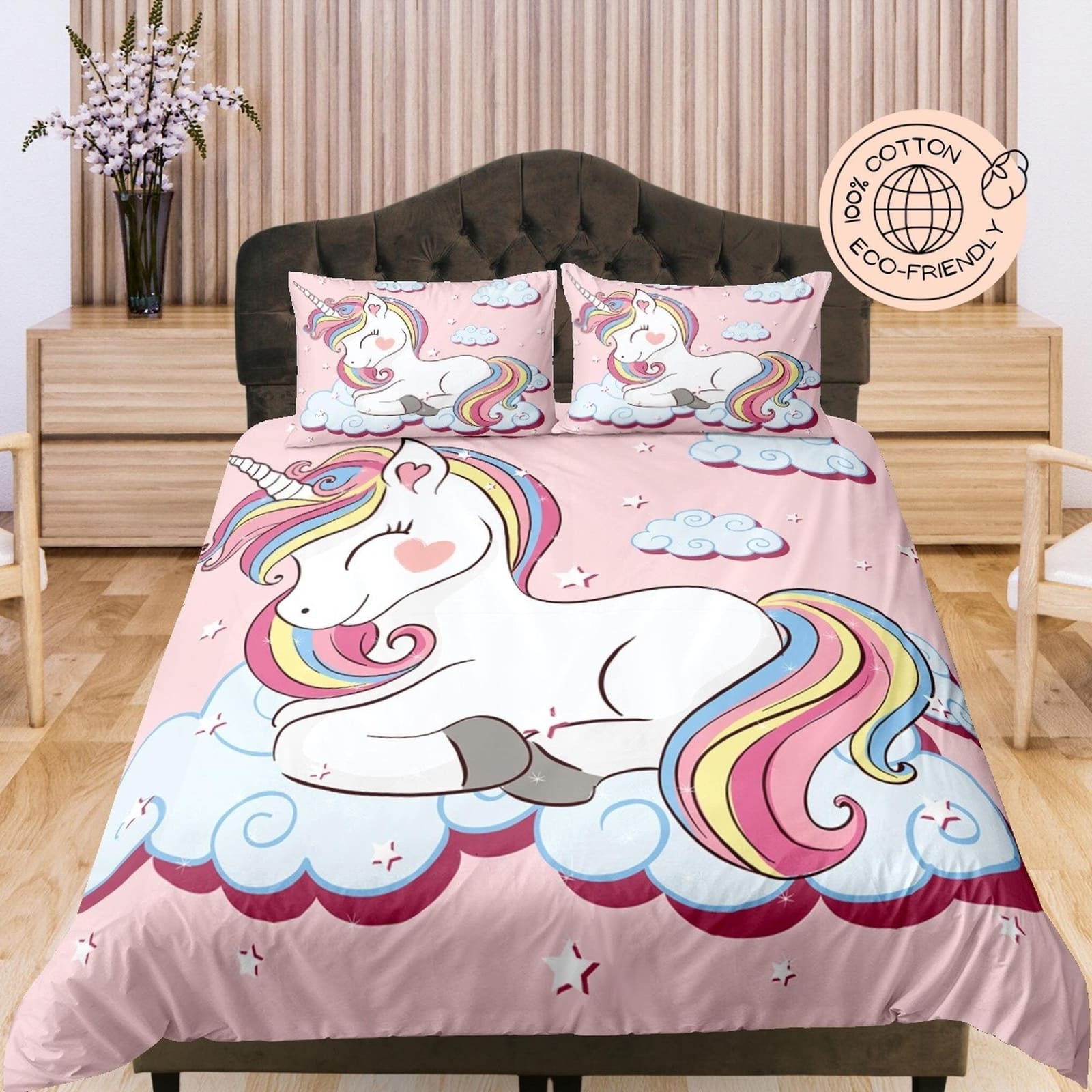 Colorful Unicorn, Baby Pink Cotton Duvet Cover Set for Kids, Toddler Bedding, Baby Zipper Bedding, Nursery Cotton Bedding,…