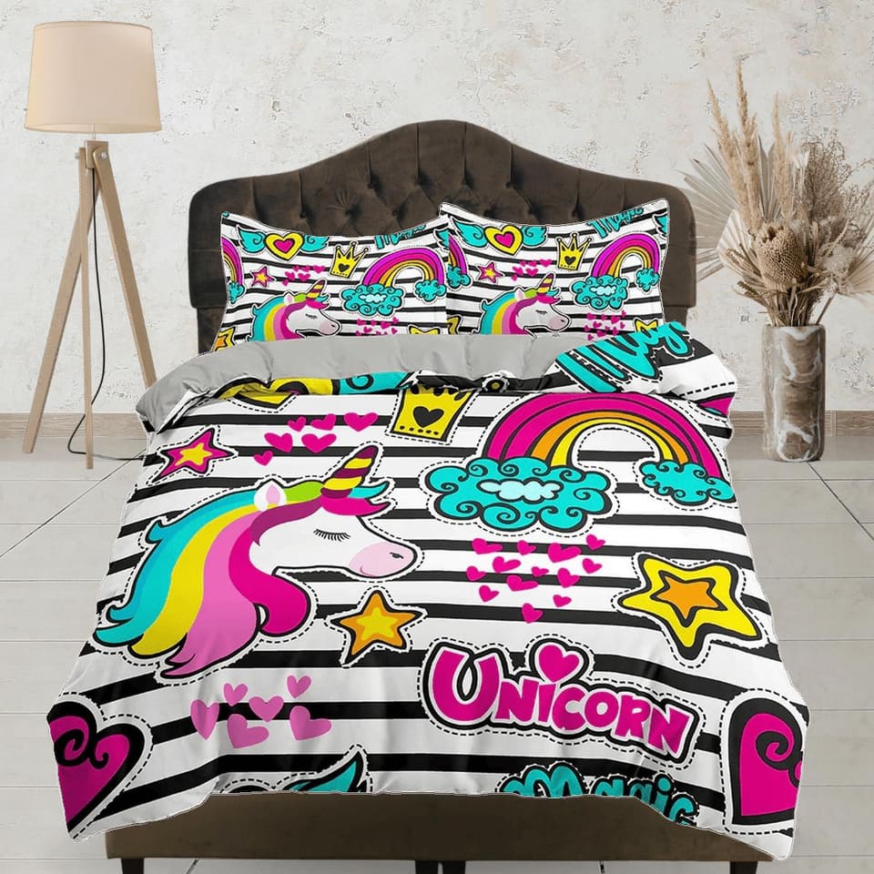 Colorful unicorn black and white stripes funky toddler bedding, unique duvet cover, crib bedding, baby zipper bedding, kin…