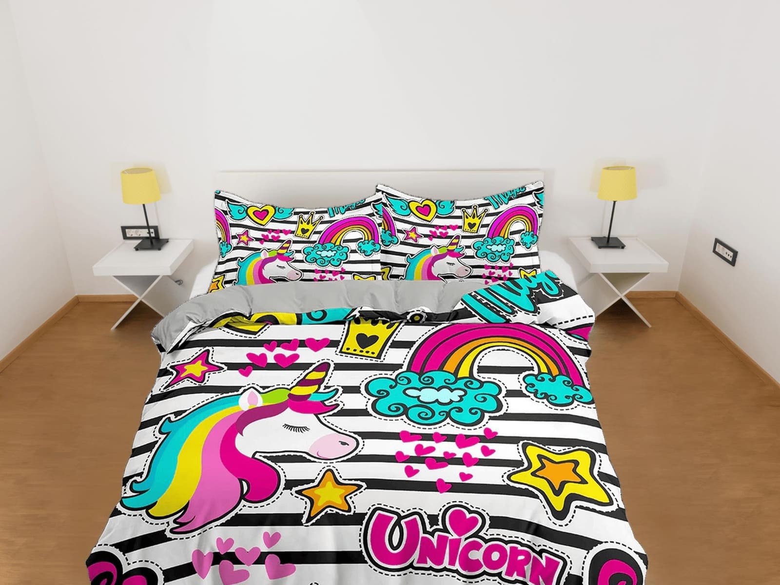 Colorful unicorn black and white stripes funky toddler bedding, unique duvet cover, crib bedding, baby zipper bedding, kin…