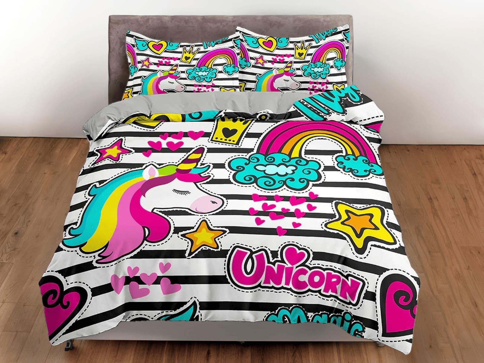 Colorful unicorn black and white stripes funky toddler bedding, unique duvet cover, crib bedding, baby zipper bedding, kin…