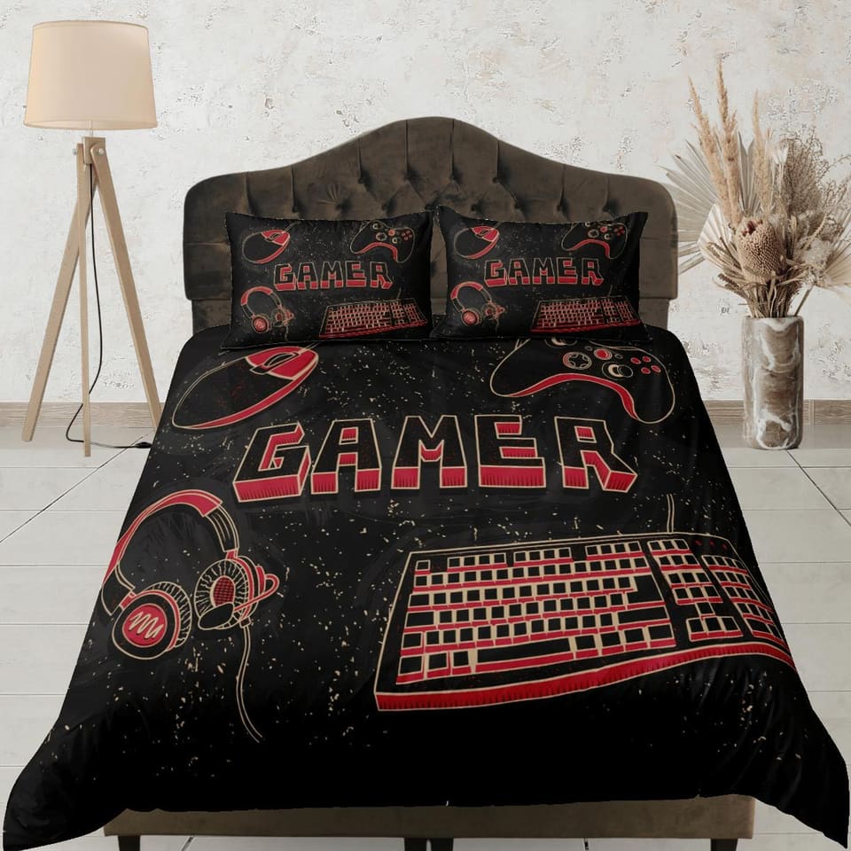 Computer gamer bedding red duvet cover, video gamer boyfriend gift bedding set full king queen twin, boys bedroom, college…