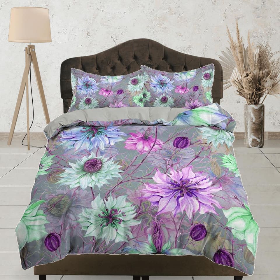 Coneflower floral grey bedding, unique duvet cover queen, king, boho duvet, designer bedding, aesthetic maximalist full si…