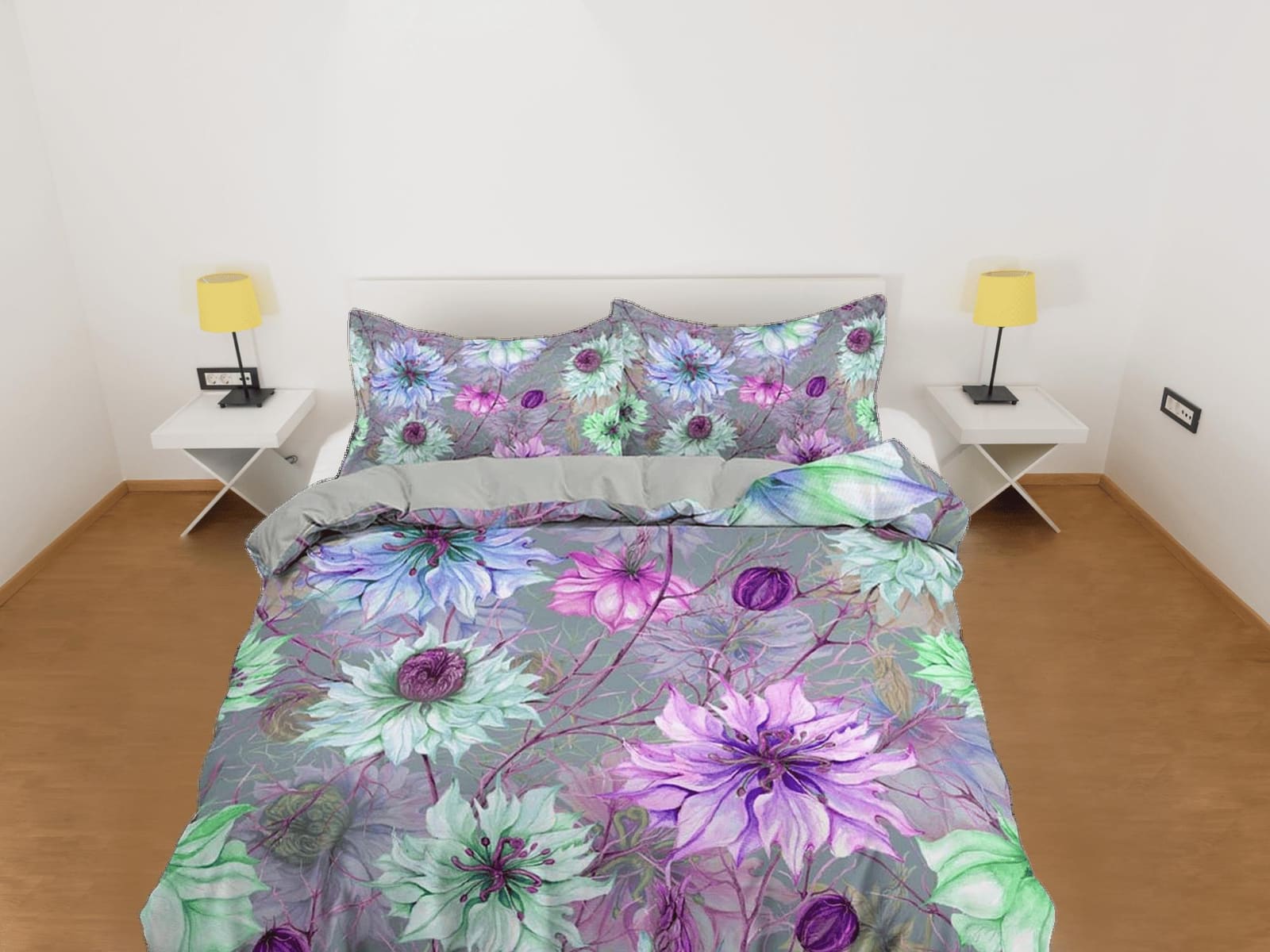 Coneflower floral grey bedding, unique duvet cover queen, king, boho duvet, designer bedding, aesthetic maximalist full si…