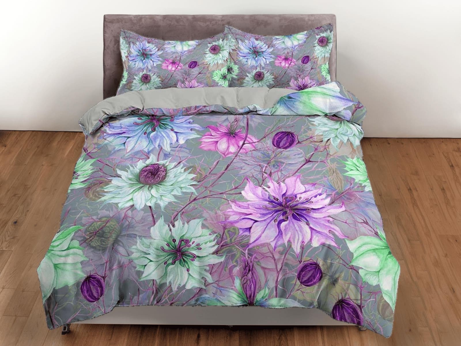 Coneflower floral grey bedding, unique duvet cover queen, king, boho duvet, designer bedding, aesthetic maximalist full si…