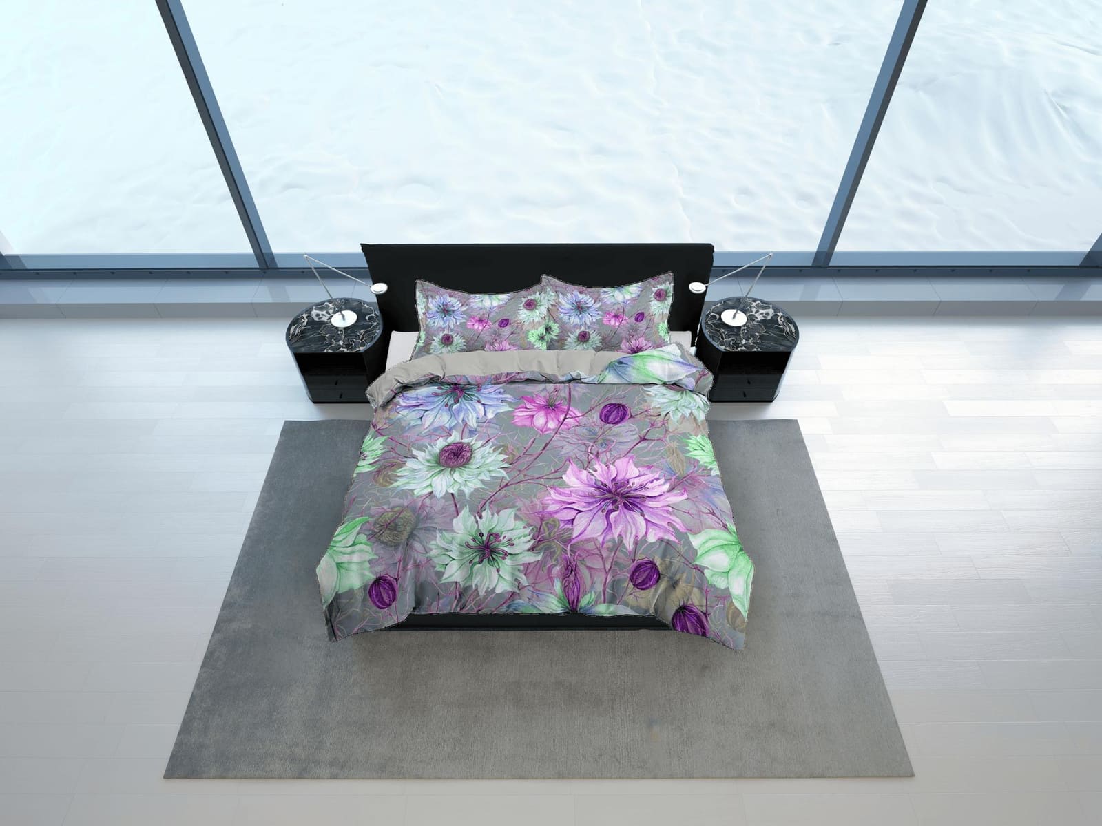 Coneflower floral grey bedding, unique duvet cover queen, king, boho duvet, designer bedding, aesthetic maximalist full si…