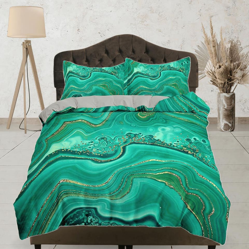Contemporary bedroom set aesthetic duvet cover green, luxury duvet gold marble abstract art room decor boho chic bedding s…