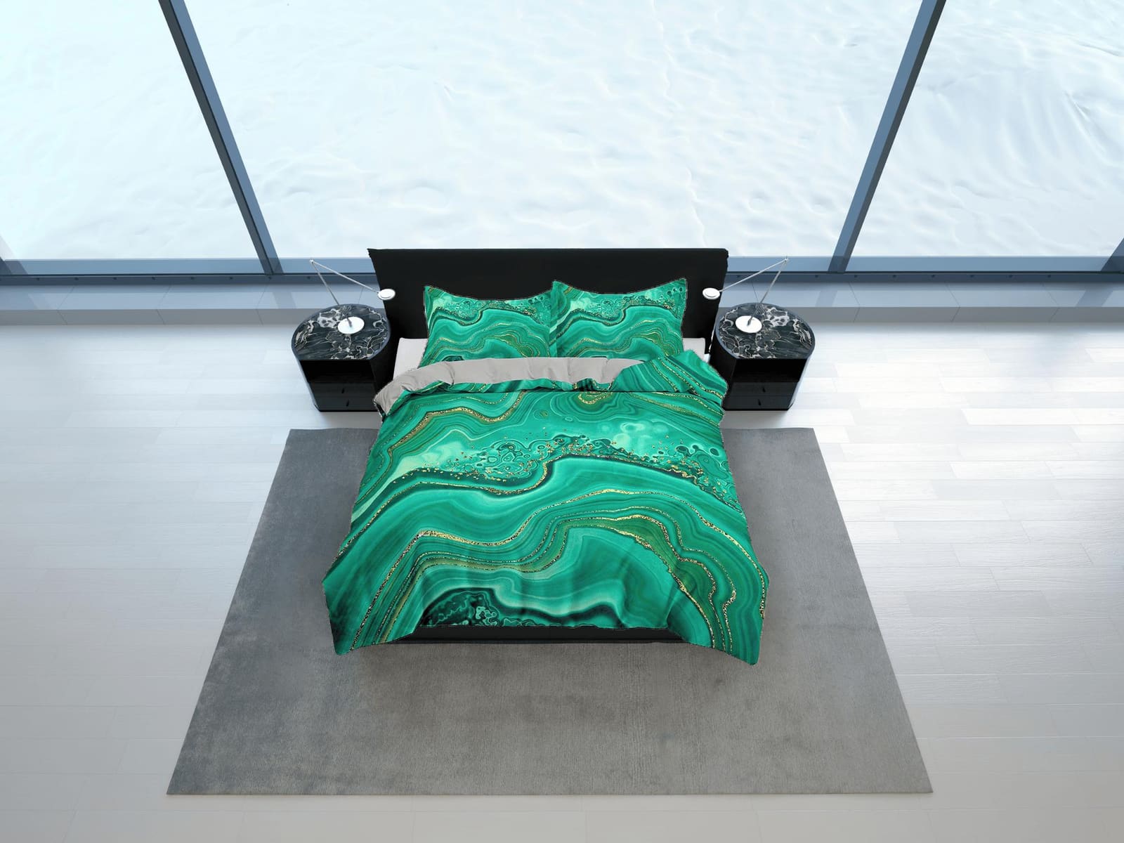 Contemporary bedroom set aesthetic duvet cover green, luxury duvet gold marble abstract art room decor boho chic bedding s…