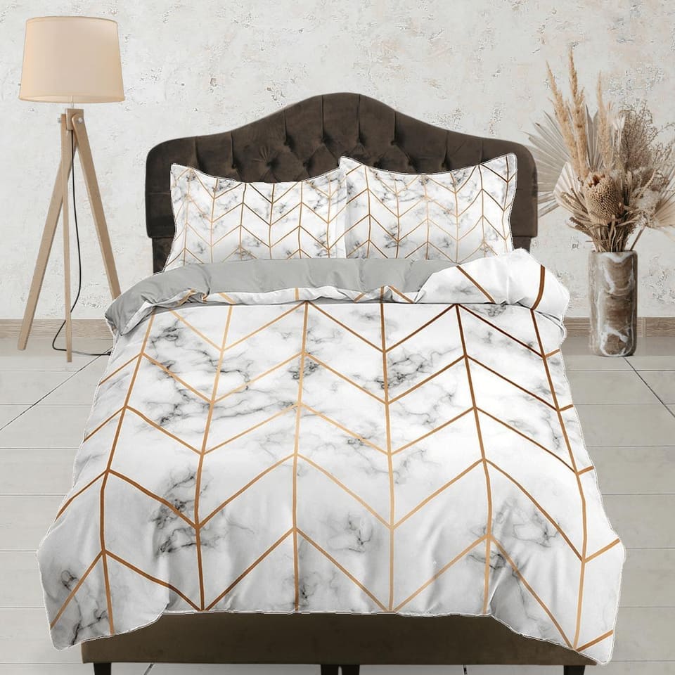 Contemporary bedroom set aesthetic duvet cover, marble gold geometric lines abstract art room decor boho chic bedding set…