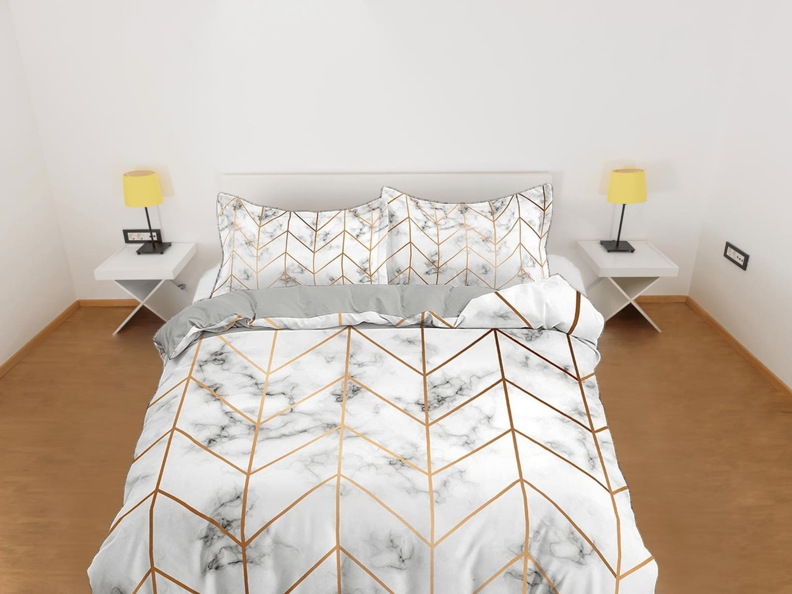 Contemporary bedroom set aesthetic duvet cover, marble gold geometric lines abstract art room decor boho chic bedding set…