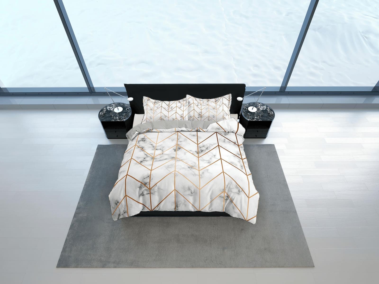 Contemporary bedroom set aesthetic duvet cover, marble gold geometric lines abstract art room decor boho chic bedding set…