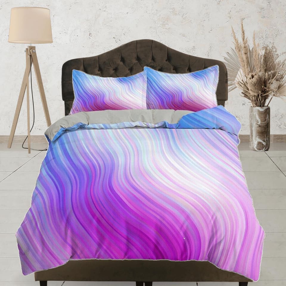 Contemporary bedroom set aesthetic pink purple gradient duvet cover, marble abstract art room decor boho chic bedding set…