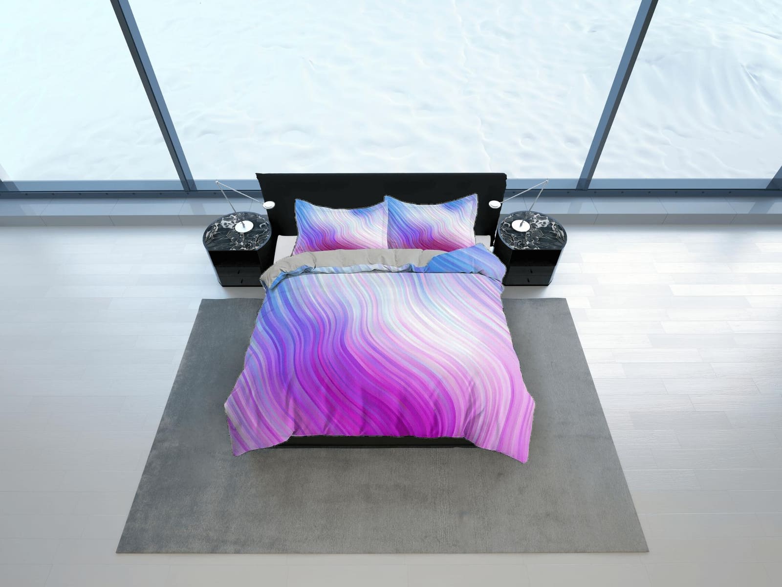 Contemporary bedroom set aesthetic pink purple gradient duvet cover, marble abstract art room decor boho chic bedding set…