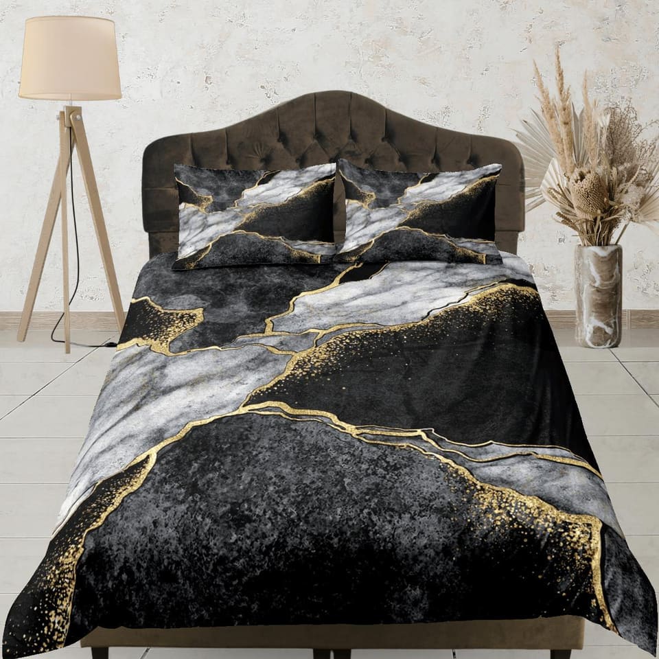 Contemporary bedroom set black aesthetic duvet cover, luxury duvet gold marble abstract art room decor boho chic bedding s…