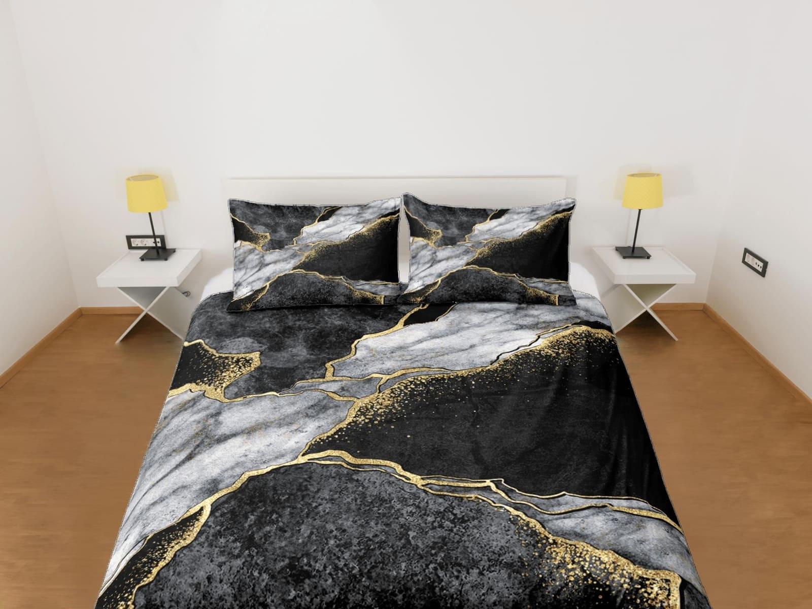 Contemporary bedroom set black aesthetic duvet cover, luxury duvet gold marble abstract art room decor boho chic bedding s…