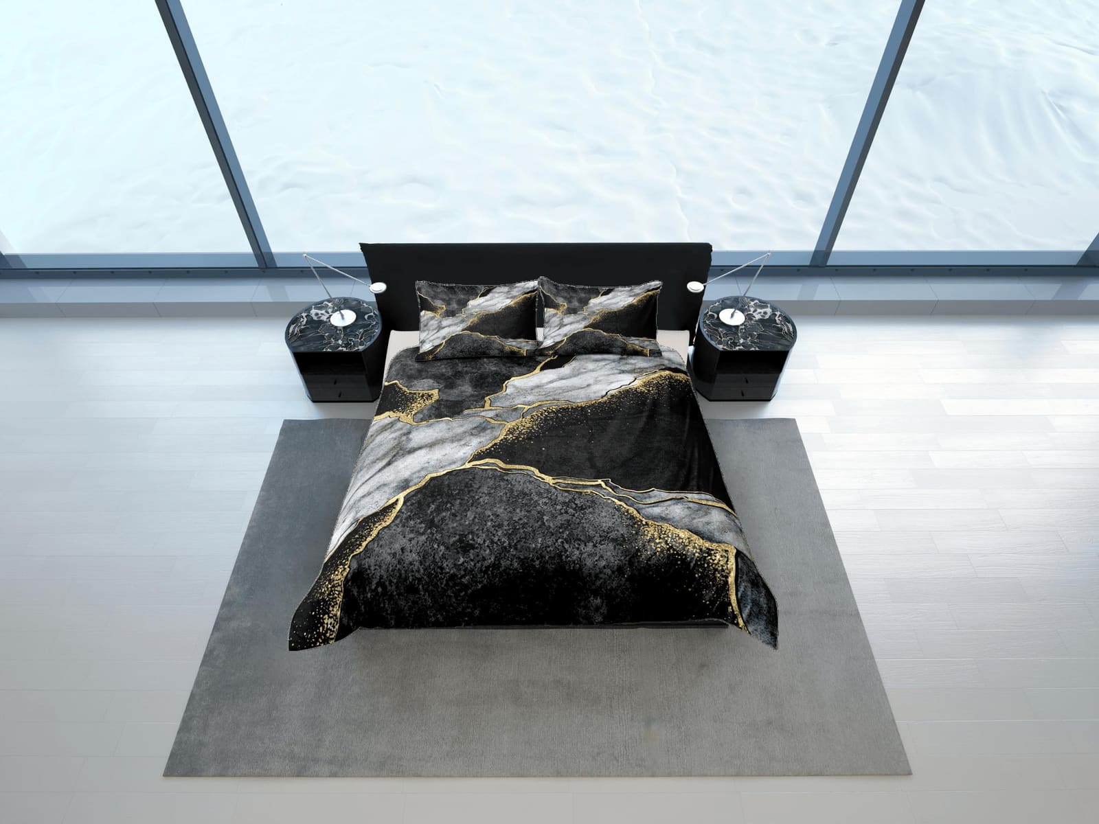 Contemporary bedroom set black aesthetic duvet cover, luxury duvet gold marble abstract art room decor boho chic bedding s…