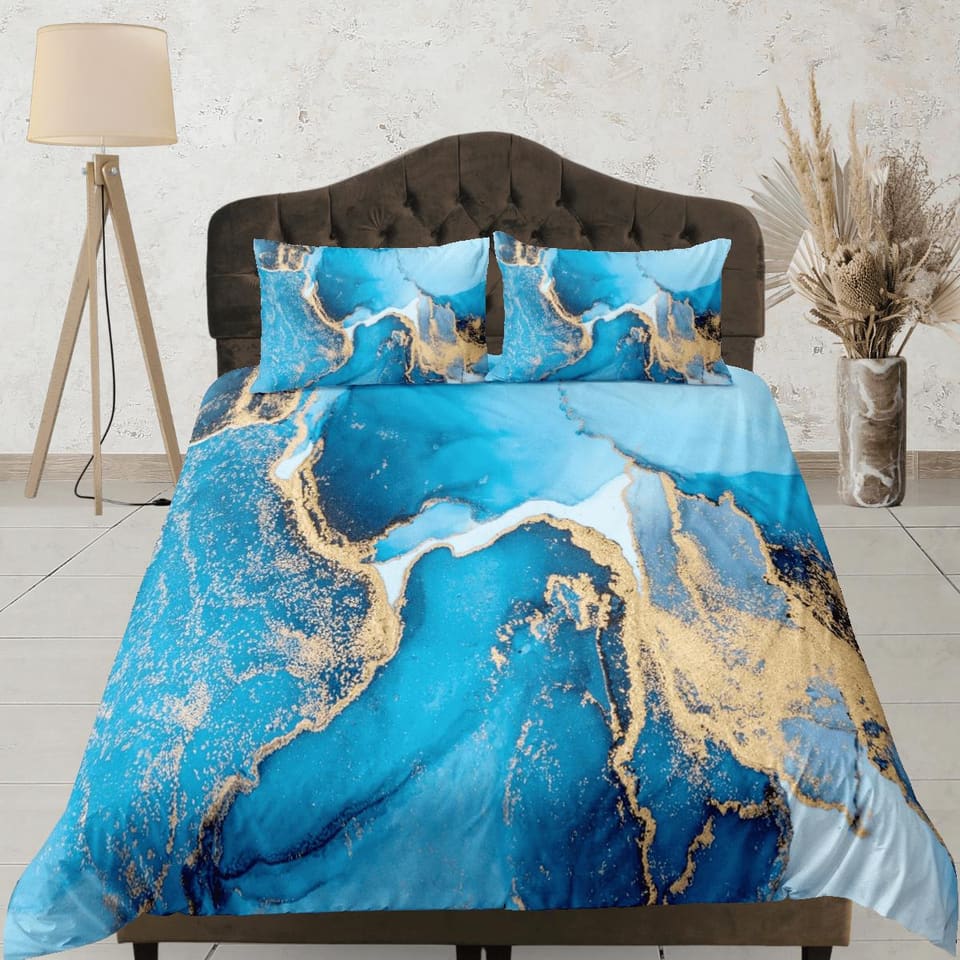 Contemporary bedroom set blue aesthetic duvet cover, luxury duvet gold marble abstract art room decor boho chic bedding se…
