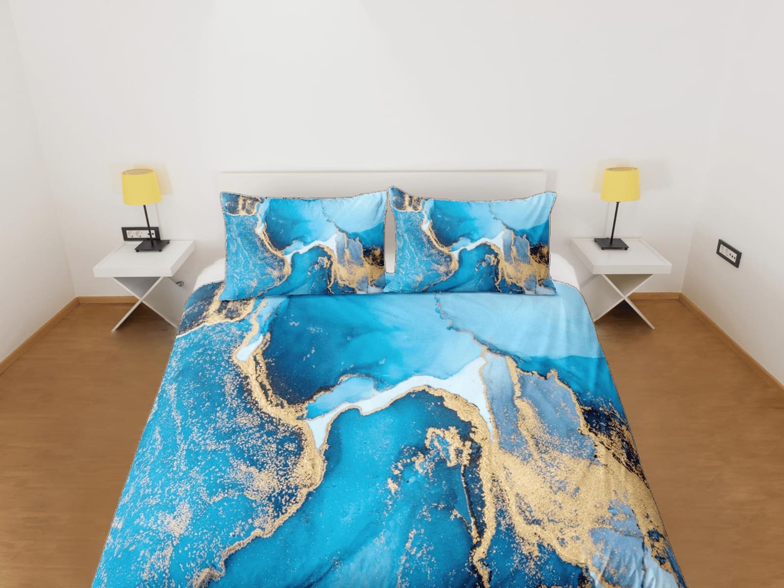 Contemporary bedroom set blue aesthetic duvet cover, luxury duvet gold marble abstract art room decor boho chic bedding se…