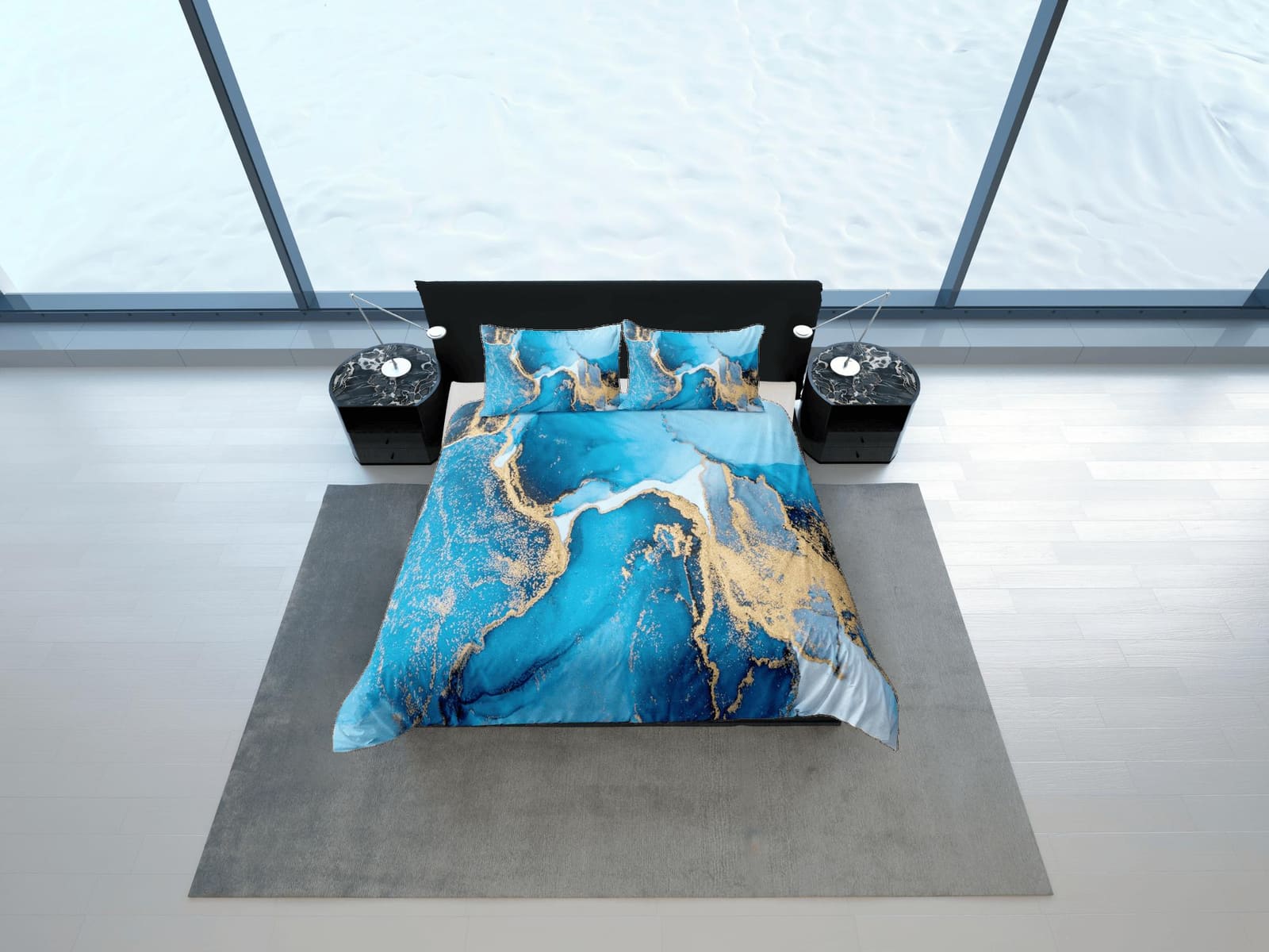 Contemporary bedroom set blue aesthetic duvet cover, luxury duvet gold marble abstract art room decor boho chic bedding se…