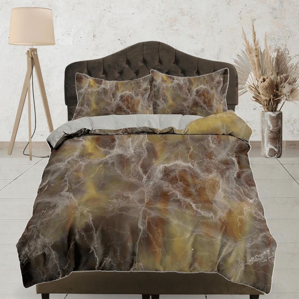 Contemporary bedroom set brown aesthetic duvet cover, alcohol ink marble abstract art room decor boho chic bedding set ful…