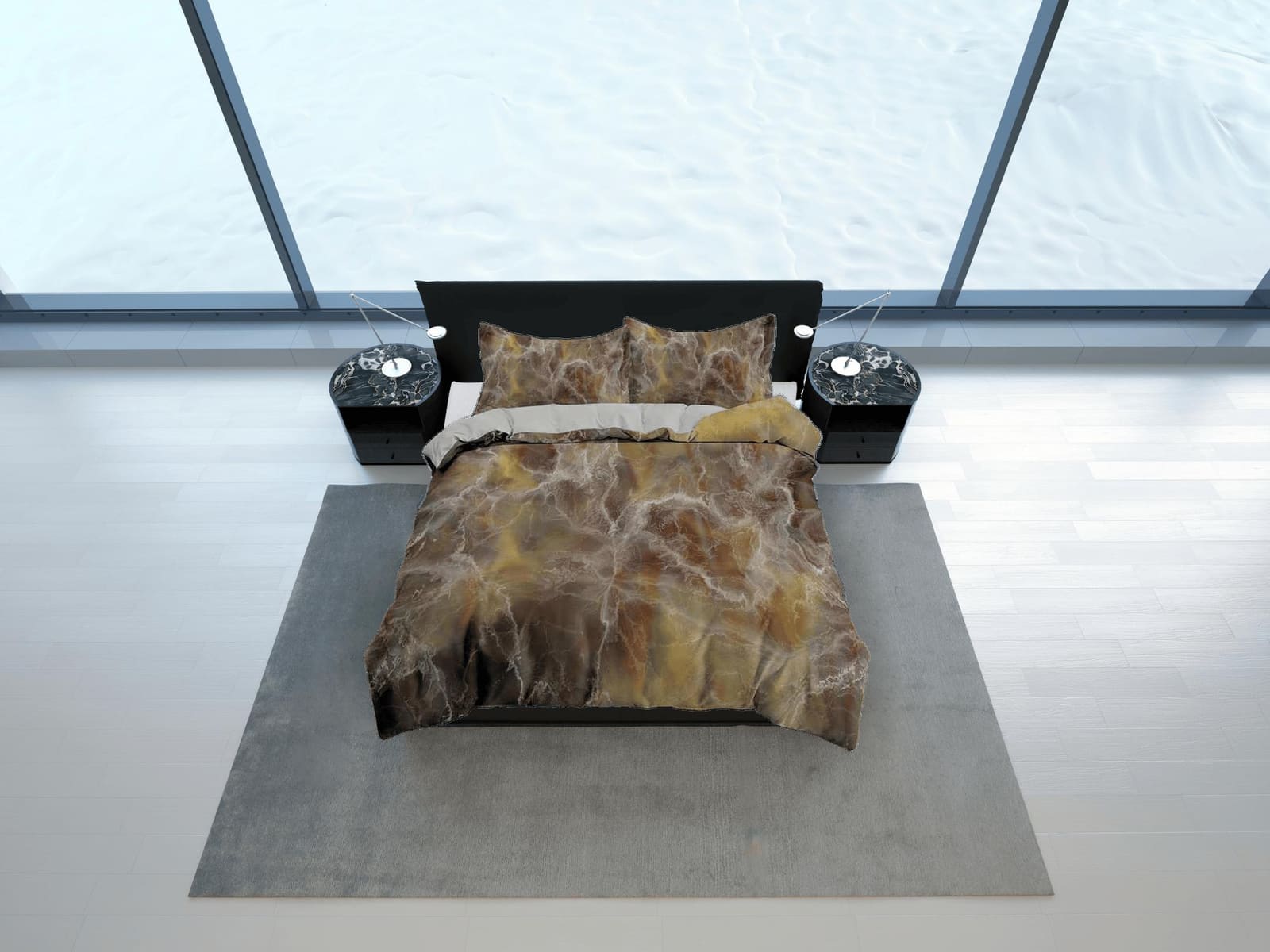 Contemporary bedroom set brown aesthetic duvet cover, alcohol ink marble abstract art room decor boho chic bedding set ful…