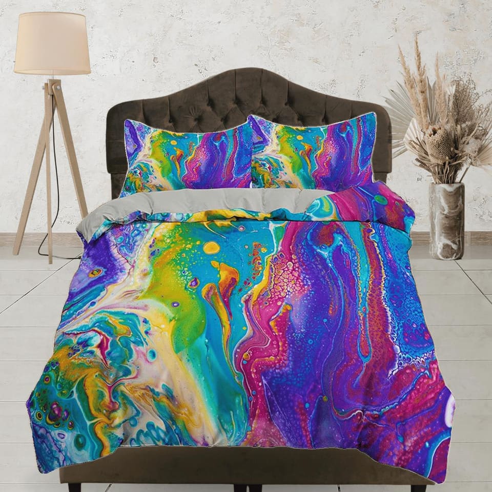 Contemporary bedroom set colorful painted aesthetic duvet cover, alcohol ink abstract art room decor boho chic bedding set…