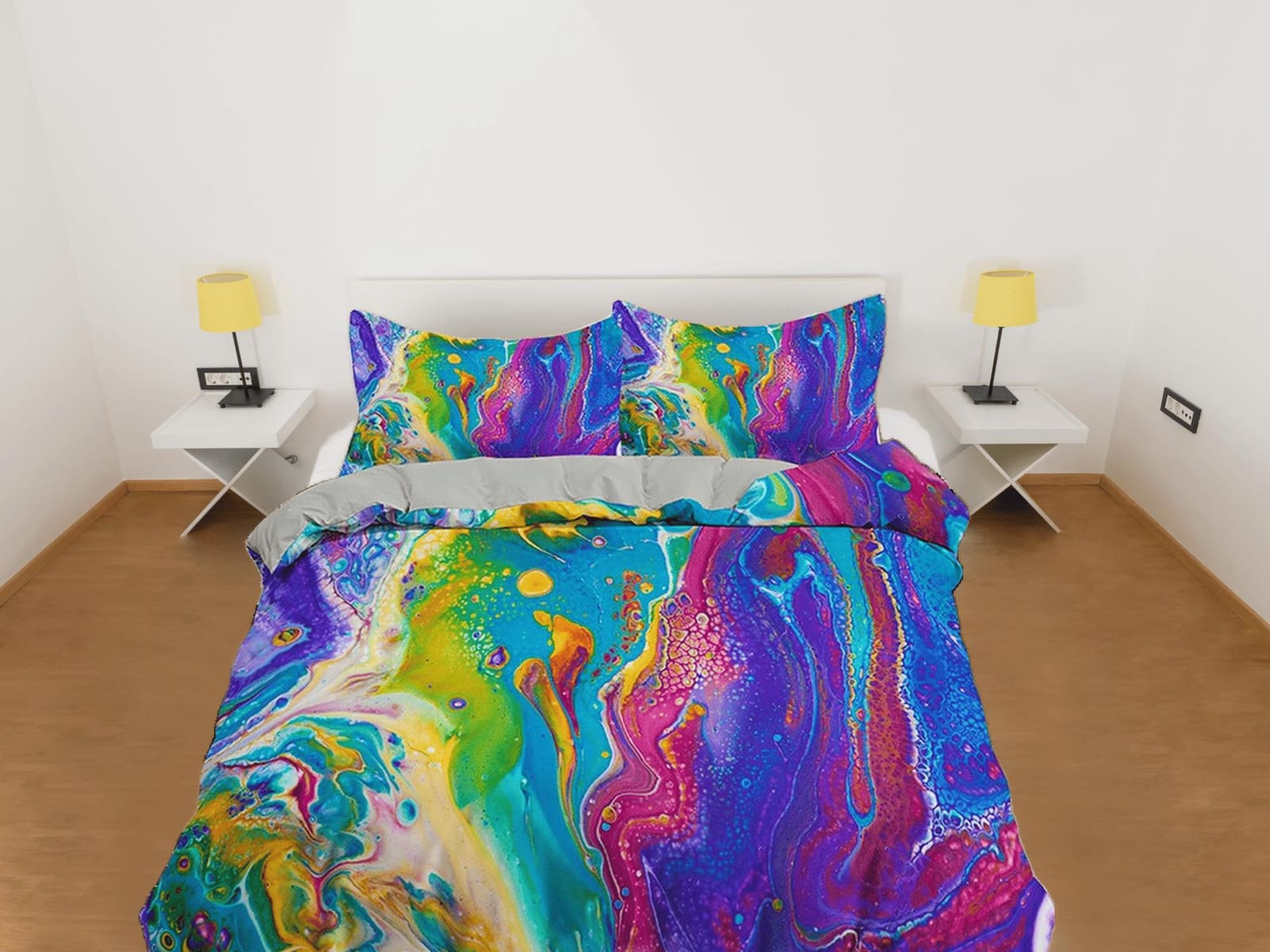 Contemporary bedroom set colorful painted aesthetic duvet cover, alcohol ink abstract art room decor boho chic bedding set…