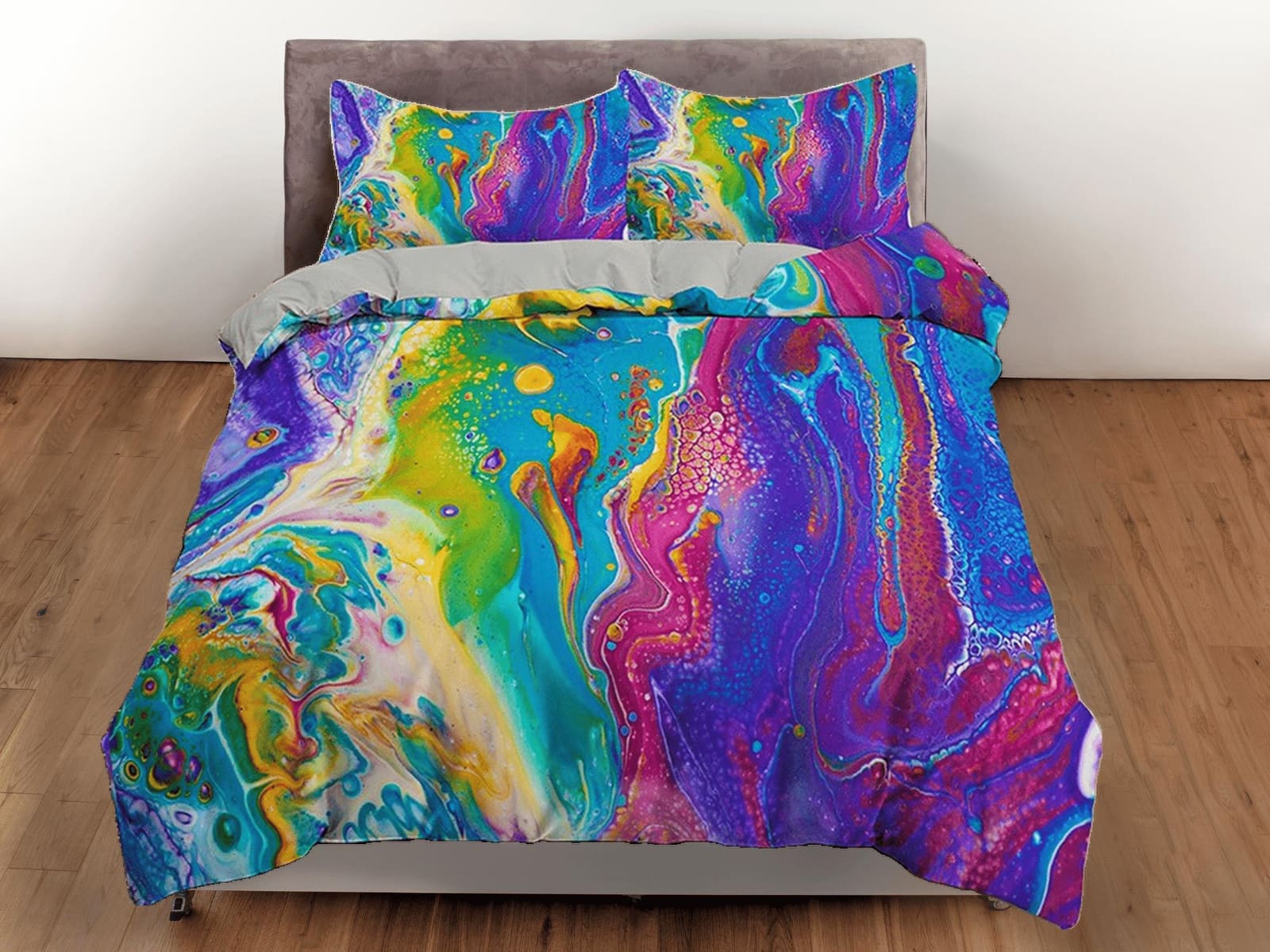 Contemporary bedroom set colorful painted aesthetic duvet cover, alcohol ink abstract art room decor boho chic bedding set…