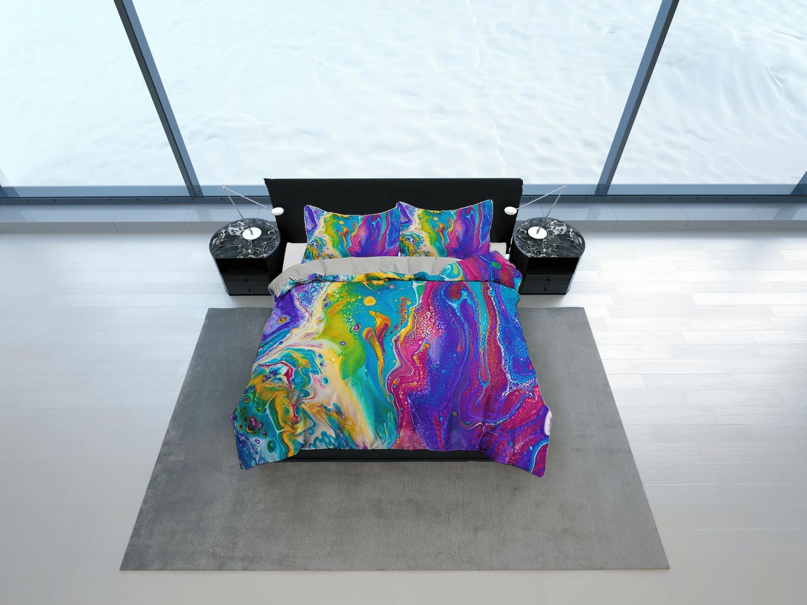 Contemporary bedroom set colorful painted aesthetic duvet cover, alcohol ink abstract art room decor boho chic bedding set…
