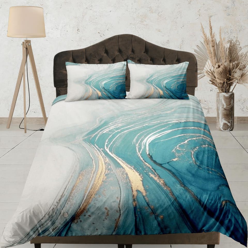 Contemporary bedroom set faded blue aesthetic duvet cover, luxury gold marble abstract art room decor boho chic bedding se…