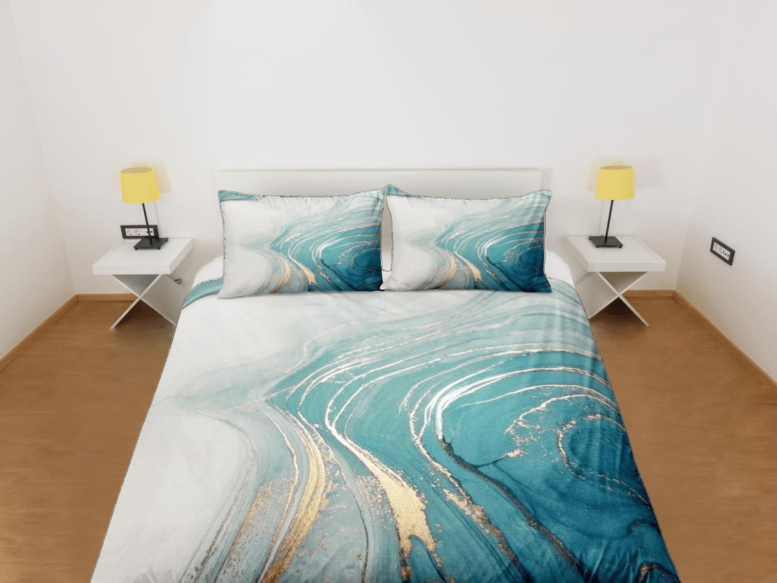 Contemporary bedroom set faded blue aesthetic duvet cover, luxury gold marble abstract art room decor boho chic bedding se…
