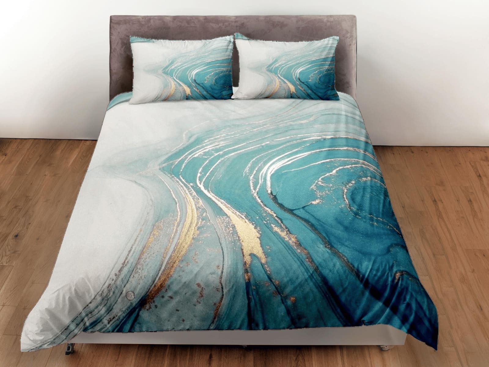 Contemporary bedroom set faded blue aesthetic duvet cover, luxury gold marble abstract art room decor boho chic bedding se…