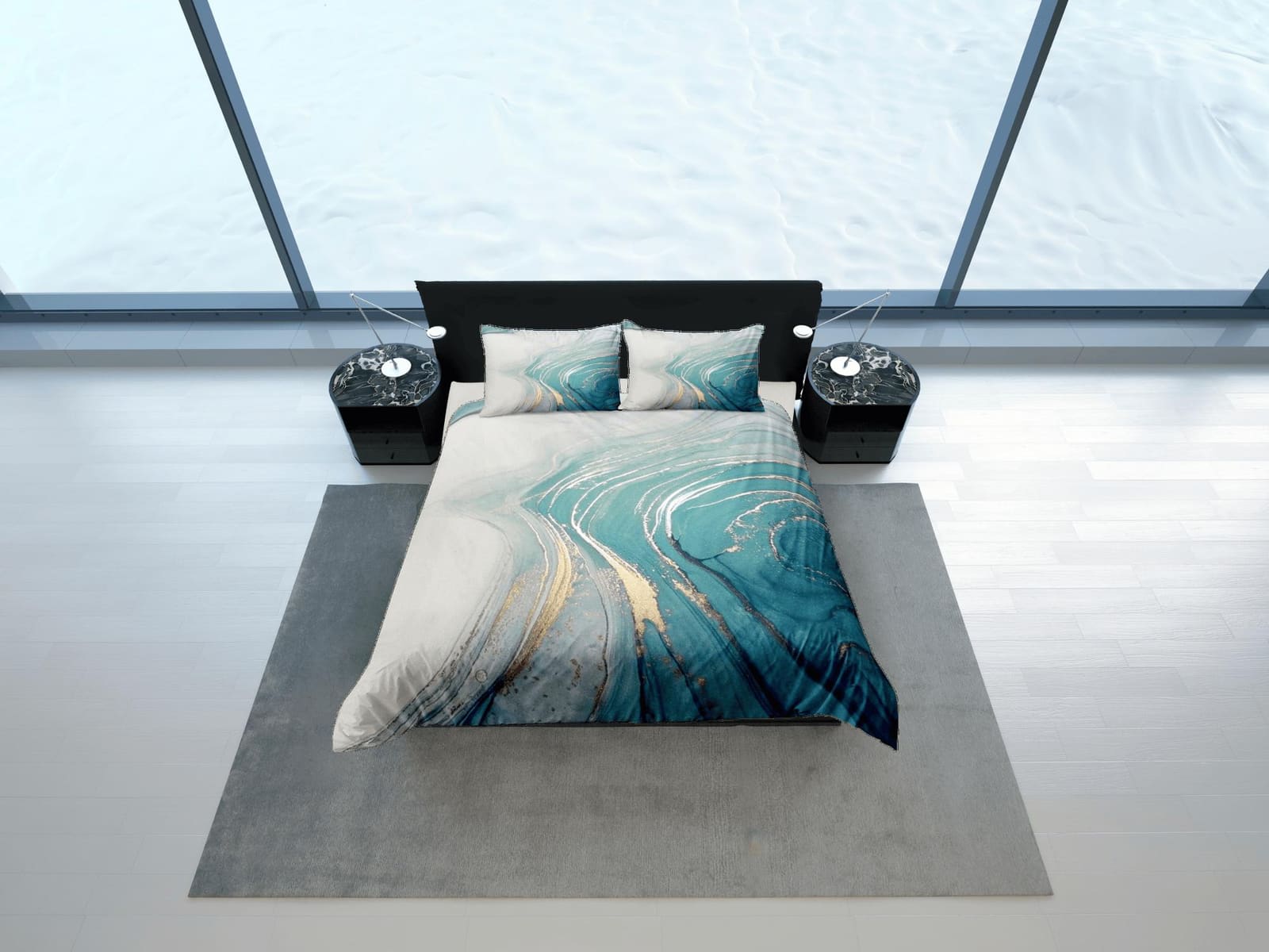 Contemporary bedroom set faded blue aesthetic duvet cover, luxury gold marble abstract art room decor boho chic bedding se…