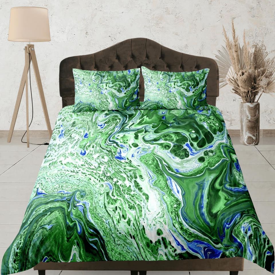 Contemporary bedroom set green aesthetic duvet cover, alcohol ink marble abstract art room decor boho chic bedding set ful…
