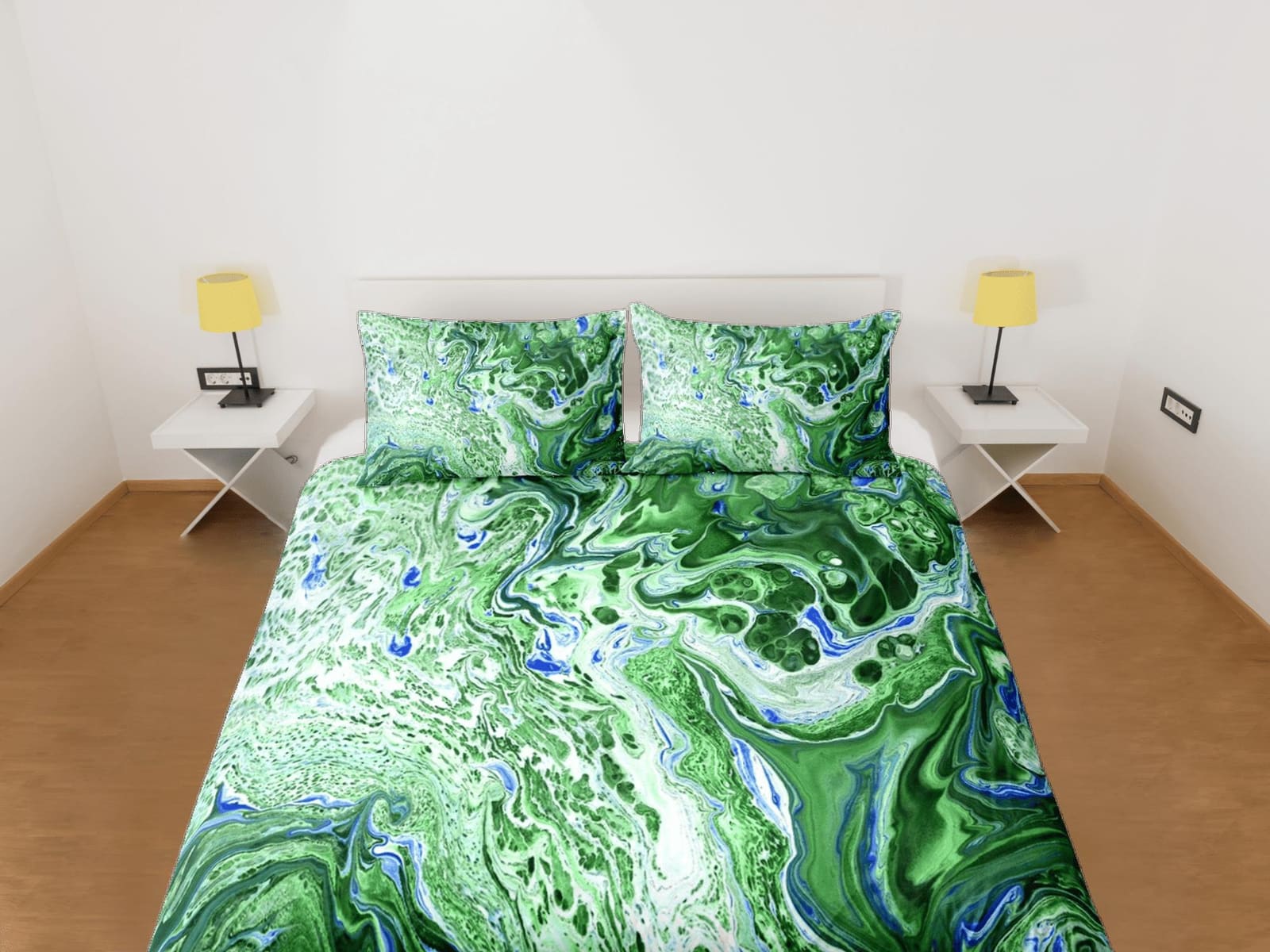 Contemporary bedroom set green aesthetic duvet cover, alcohol ink marble abstract art room decor boho chic bedding set ful…