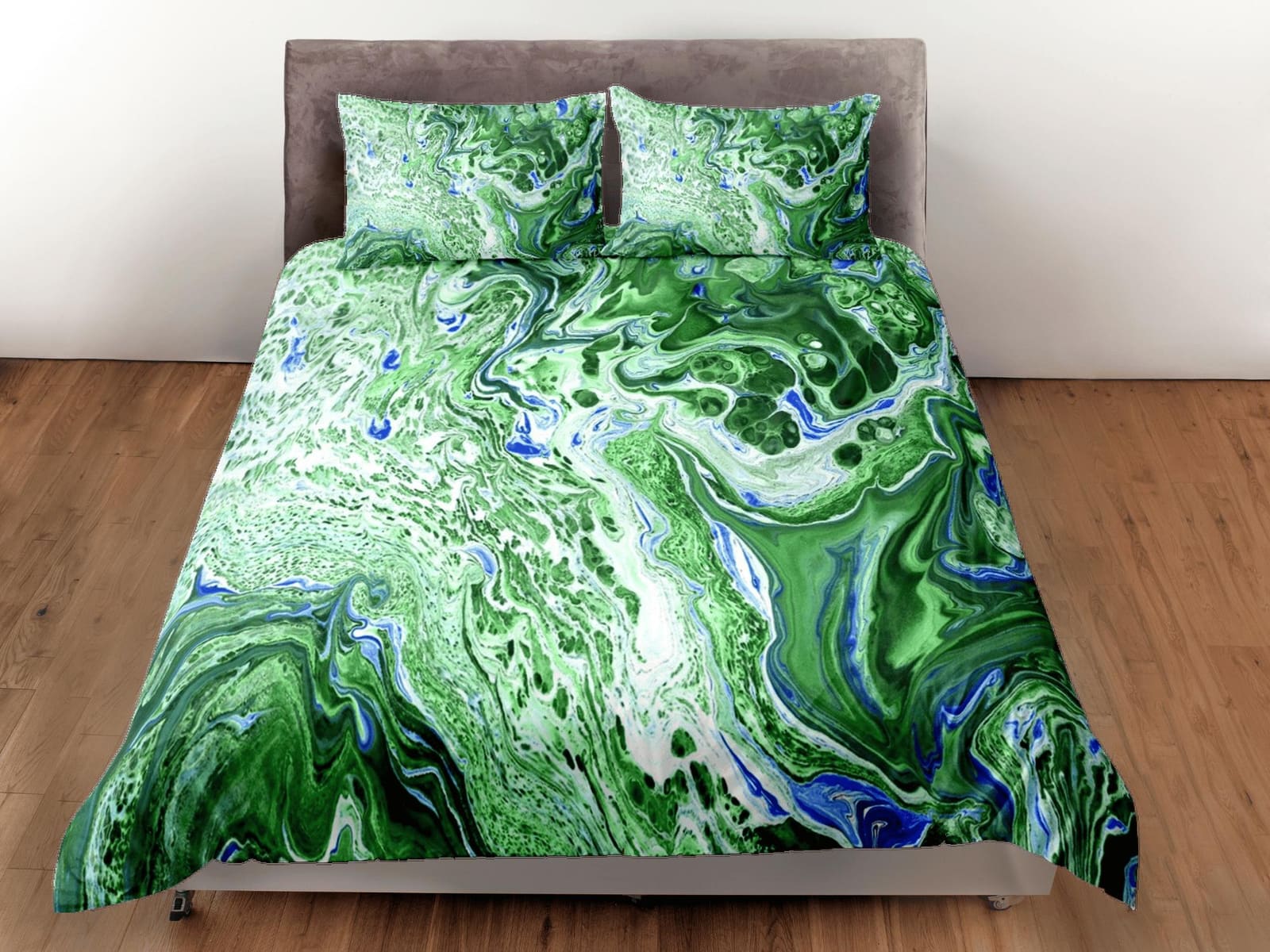 Contemporary bedroom set green aesthetic duvet cover, alcohol ink marble abstract art room decor boho chic bedding set ful…