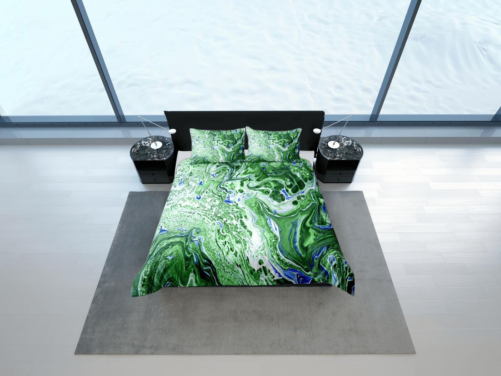 Contemporary bedroom set green aesthetic duvet cover, alcohol ink marble abstract art room decor boho chic bedding set ful…