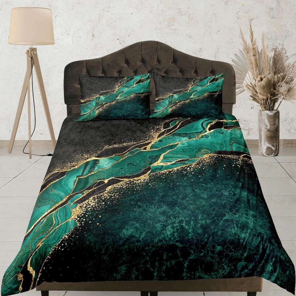 Contemporary bedroom set green aesthetic duvet cover, luxury duvet gold marble abstract art room decor boho chic bedding s…