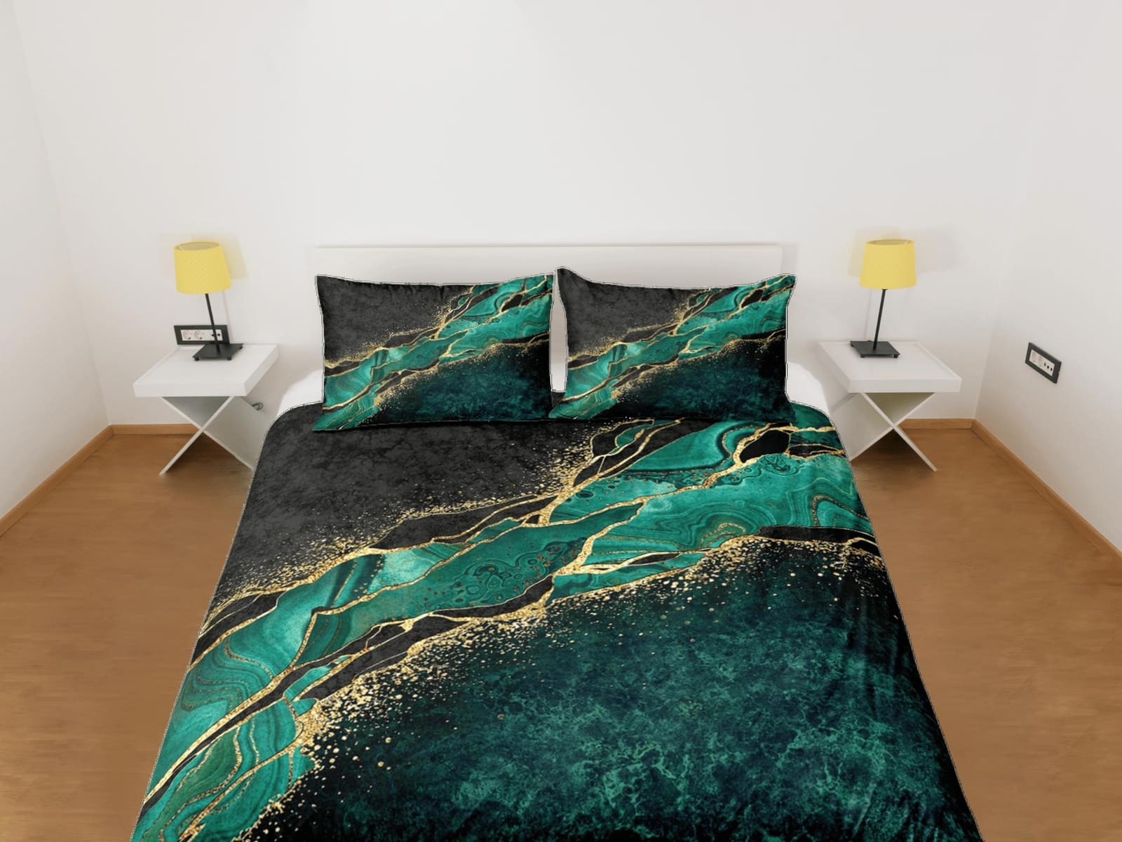 Contemporary bedroom set green aesthetic duvet cover, luxury duvet gold marble abstract art room decor boho chic bedding s…