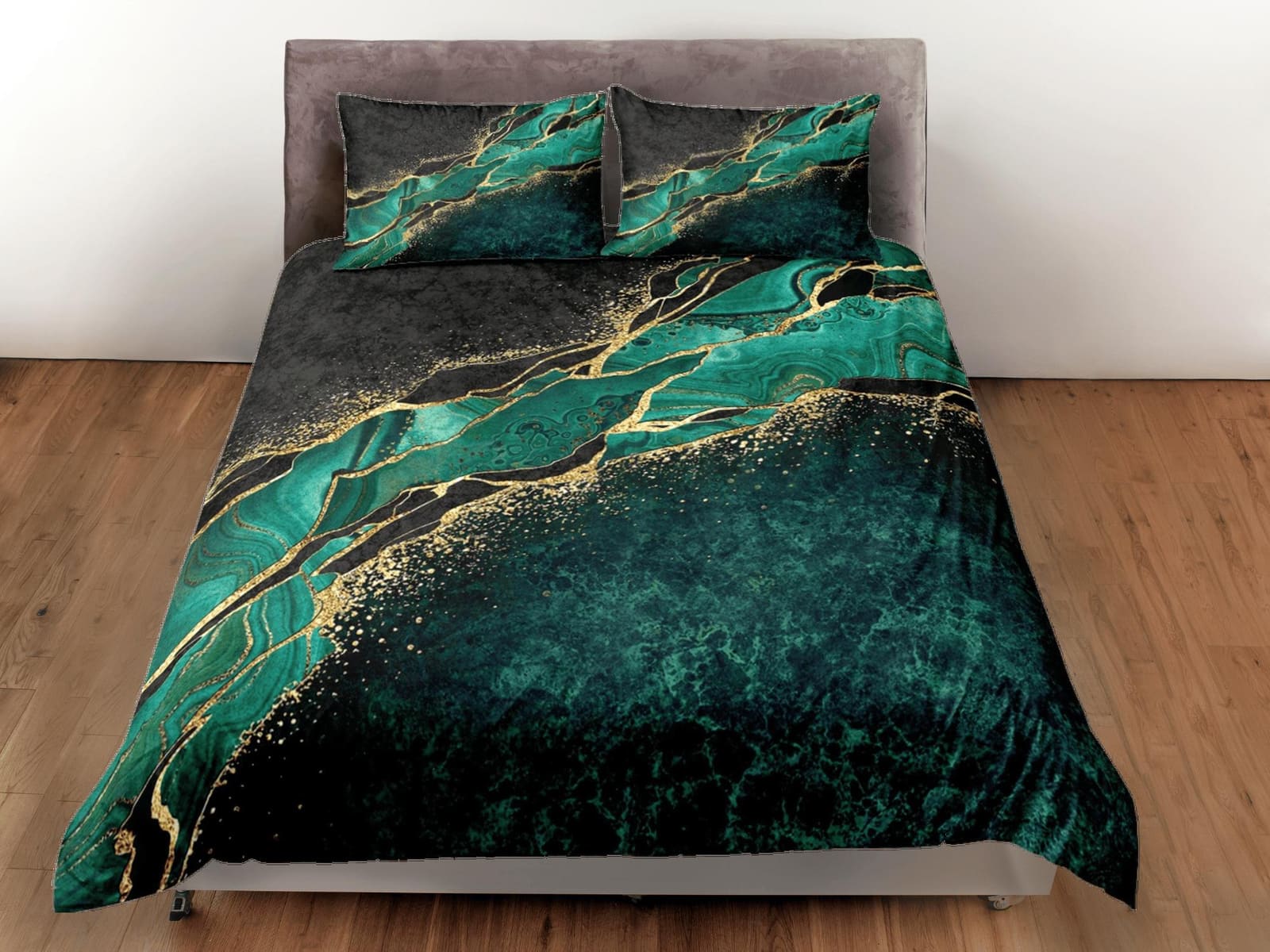 Contemporary bedroom set green aesthetic duvet cover, luxury duvet gold marble abstract art room decor boho chic bedding s…
