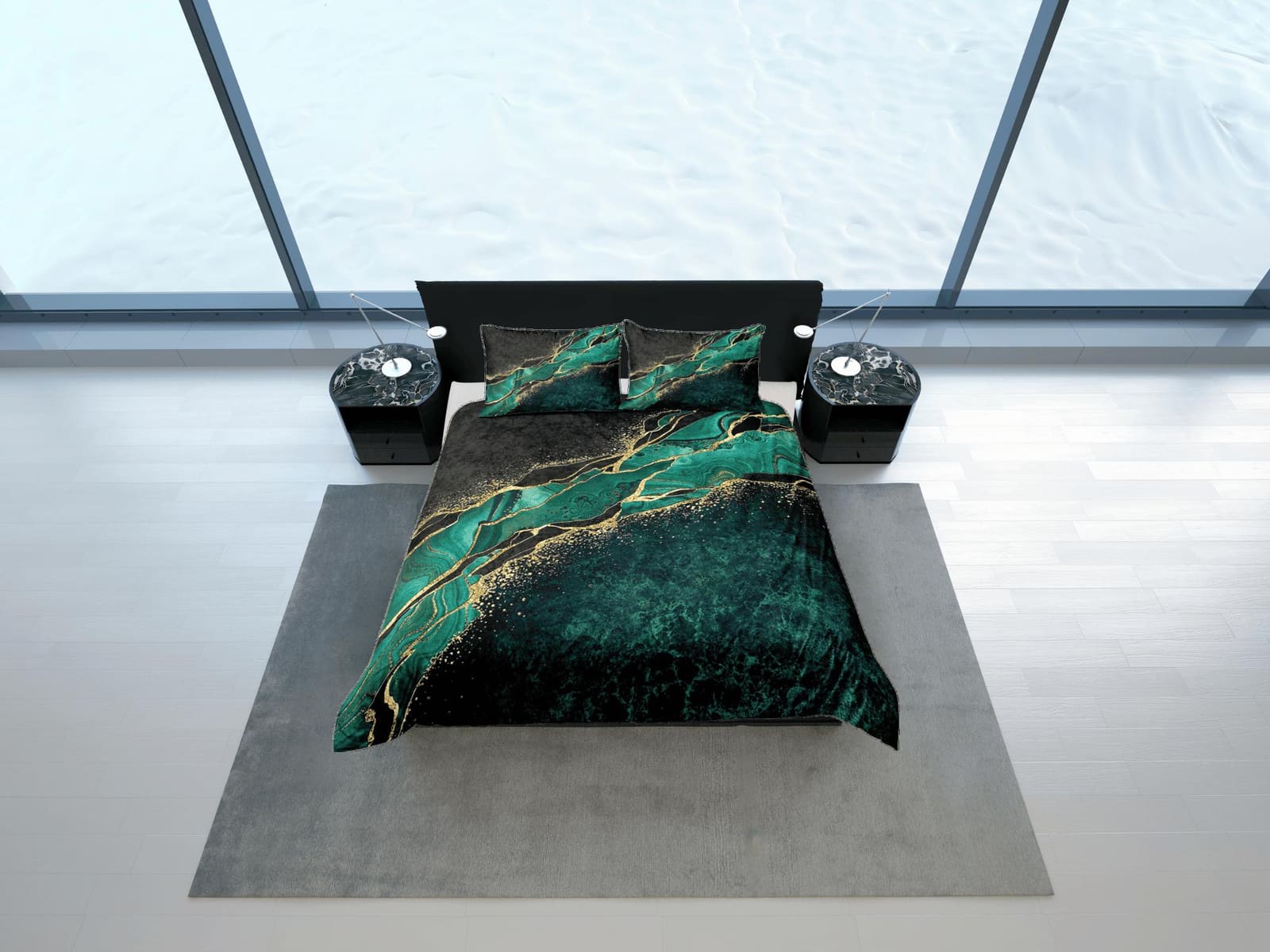 Contemporary bedroom set green aesthetic duvet cover, luxury duvet gold marble abstract art room decor boho chic bedding s…