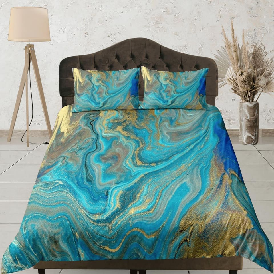 Contemporary bedroom set green aesthetic duvet cover, luxury gold marble abstract art room decor boho chic bedding set ful…