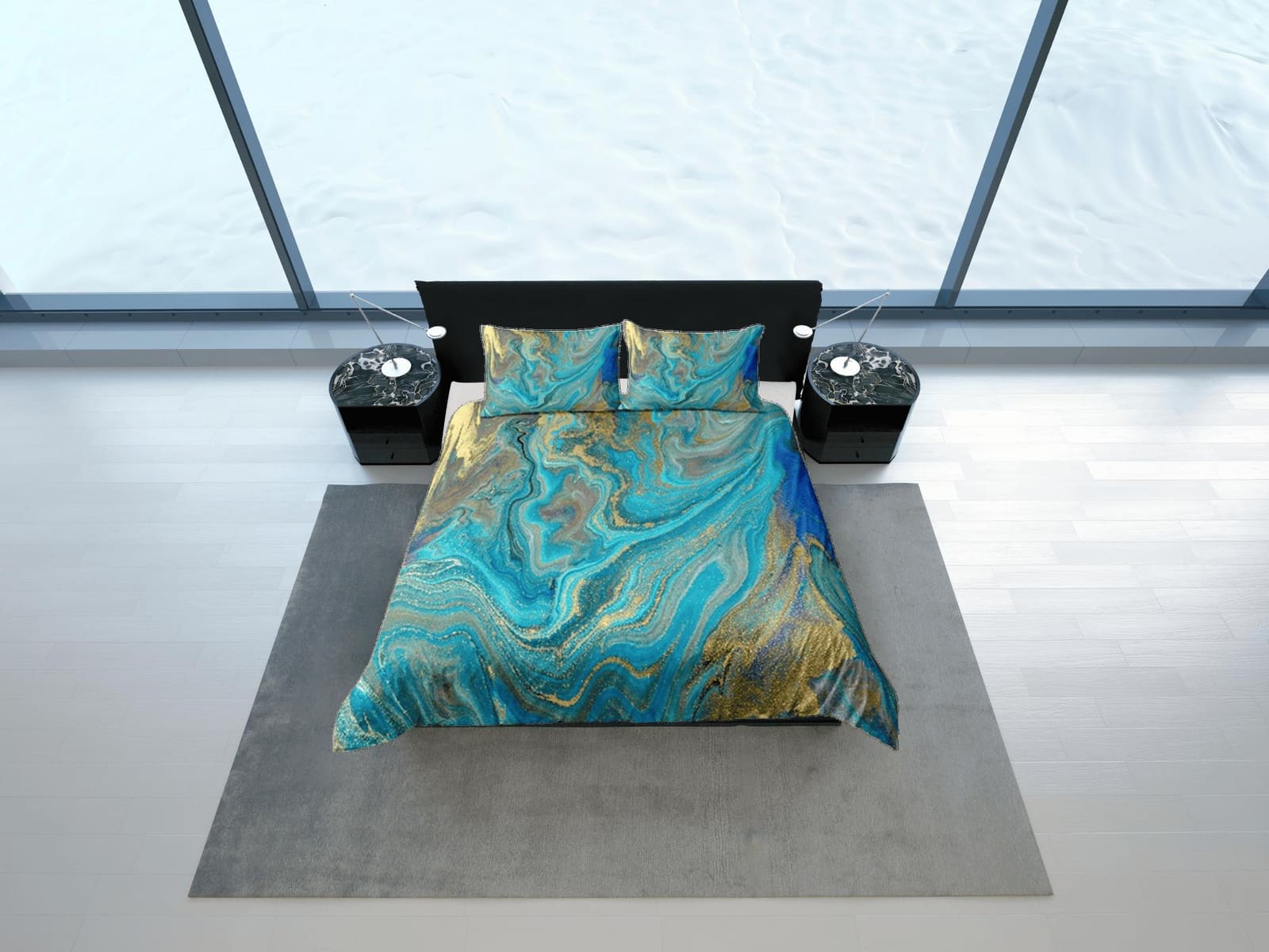 Contemporary bedroom set green aesthetic duvet cover, luxury gold marble abstract art room decor boho chic bedding set ful…