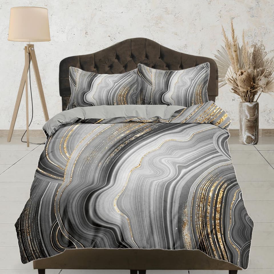 Contemporary bedroom set grey aesthetic duvet cover, gold marble abstract art room decor boho chic bedding set full king q…