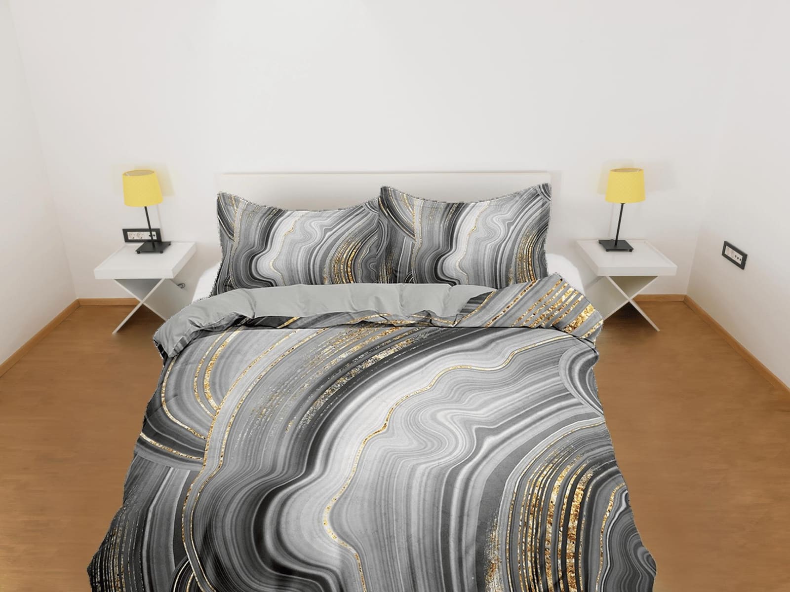 Contemporary bedroom set grey aesthetic duvet cover, gold marble abstract art room decor boho chic bedding set full king q…