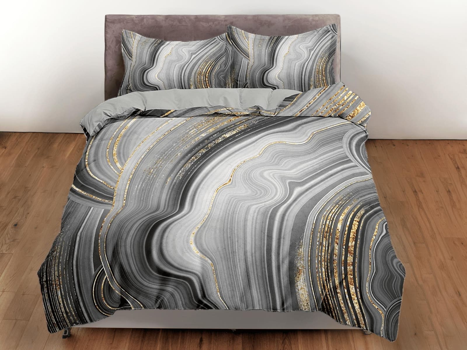 Contemporary bedroom set grey aesthetic duvet cover, gold marble abstract art room decor boho chic bedding set full king q…
